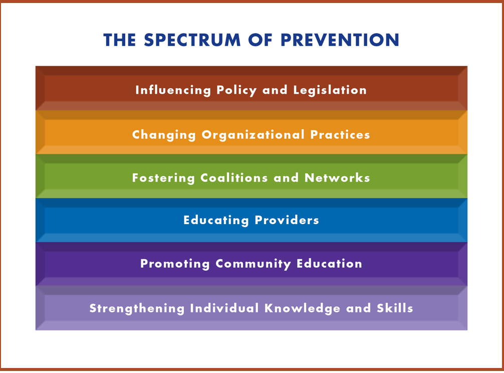 The Arizona ACE Think Tank used “The Spectrum of Prevention,” part of tools by the Prevention Institute, to produce a campaign that shifts perception of prevention from teaching healthy behaviors to identifying 6 levels of interventions.