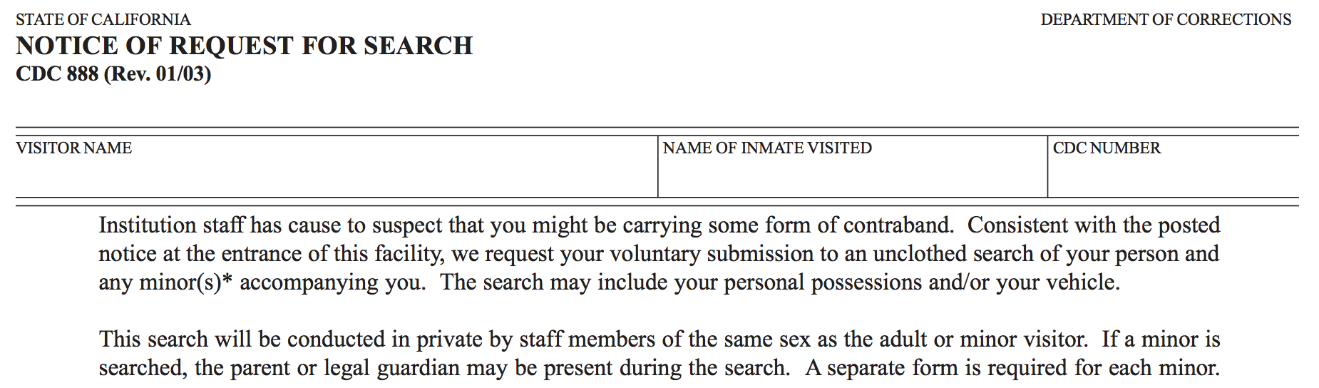 What are some questions found on a prison visitation application?